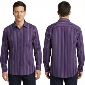 Claiborne Men's 3XLT Dress Shirt Purple Black Vertical Striped 100% Cotton Tall